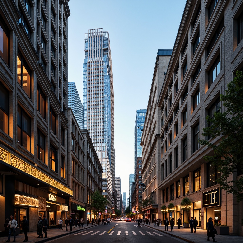 Prompt: Urban cityscape, Art Deco skyscrapers, ornate metalwork, geometric patterns, luxurious materials, vibrant neon lights, bustling streets, retro-futuristic atmosphere, sunlit daytime, shallow depth of field, 1/1 composition, symmetrical framing, high-contrast lighting, ornamental typography, metallic accents, curved lines, opulent textures, nostalgic ambiance.