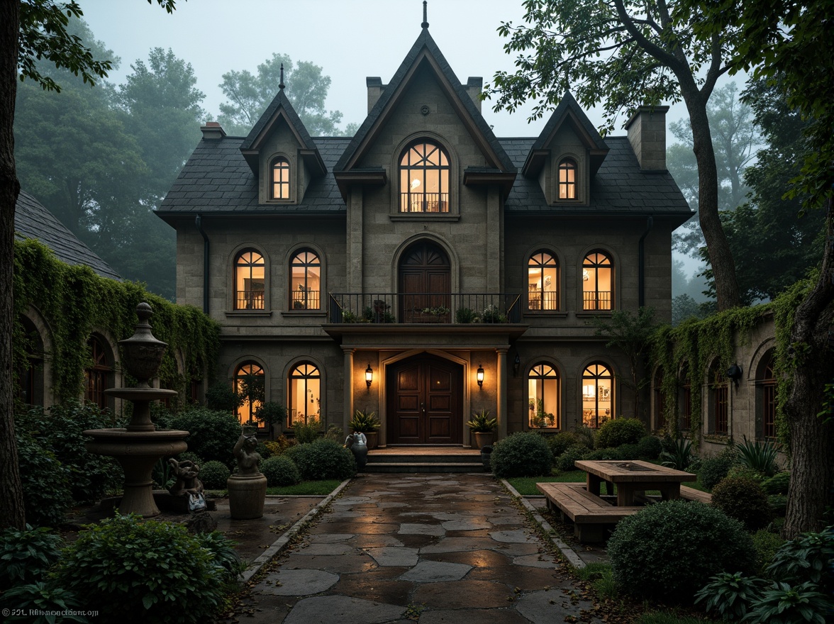 Prompt: Mysterious Gothic mansion, overgrown vines, crumbling stone walls, moss-covered statues, eerie foggy atmosphere, twisted ancient trees, dark mysterious shadows, lantern-lit pathways, intricate iron gates, weathered wooden doors, ornate stone carvings, stained glass windows, grand entrance halls, medieval-inspired gardens, forgotten fountain features, abandoned garden benches, mystical misty dawn, warm golden lighting, shallow depth of field, 1/2 composition, dramatic low-angle shot, realistic textures, ambient occlusion.