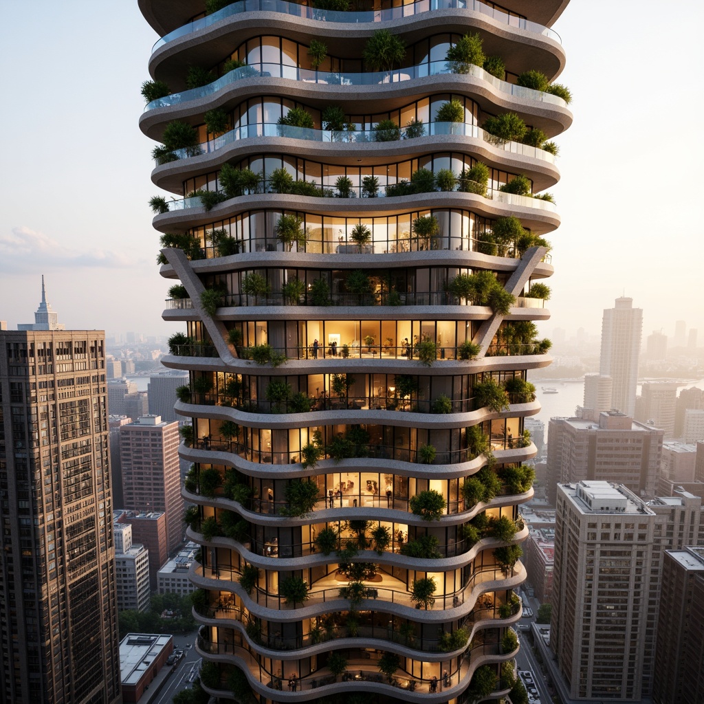 Prompt: Curvaceous skyscraper facade, organic shapes, fluid lines, natural stone materials, reclaimed wood accents, living green walls, lush vertical gardens, futuristic LED lighting, iridescent glass panels, undulating balconies, cantilevered structures, dramatic cityscape views, misty atmospheric effects, high-rise urban density, bustling metropolitan activity, warm golden hour lighting, shallow depth of field, 1/1 composition, cinematic camera angle.