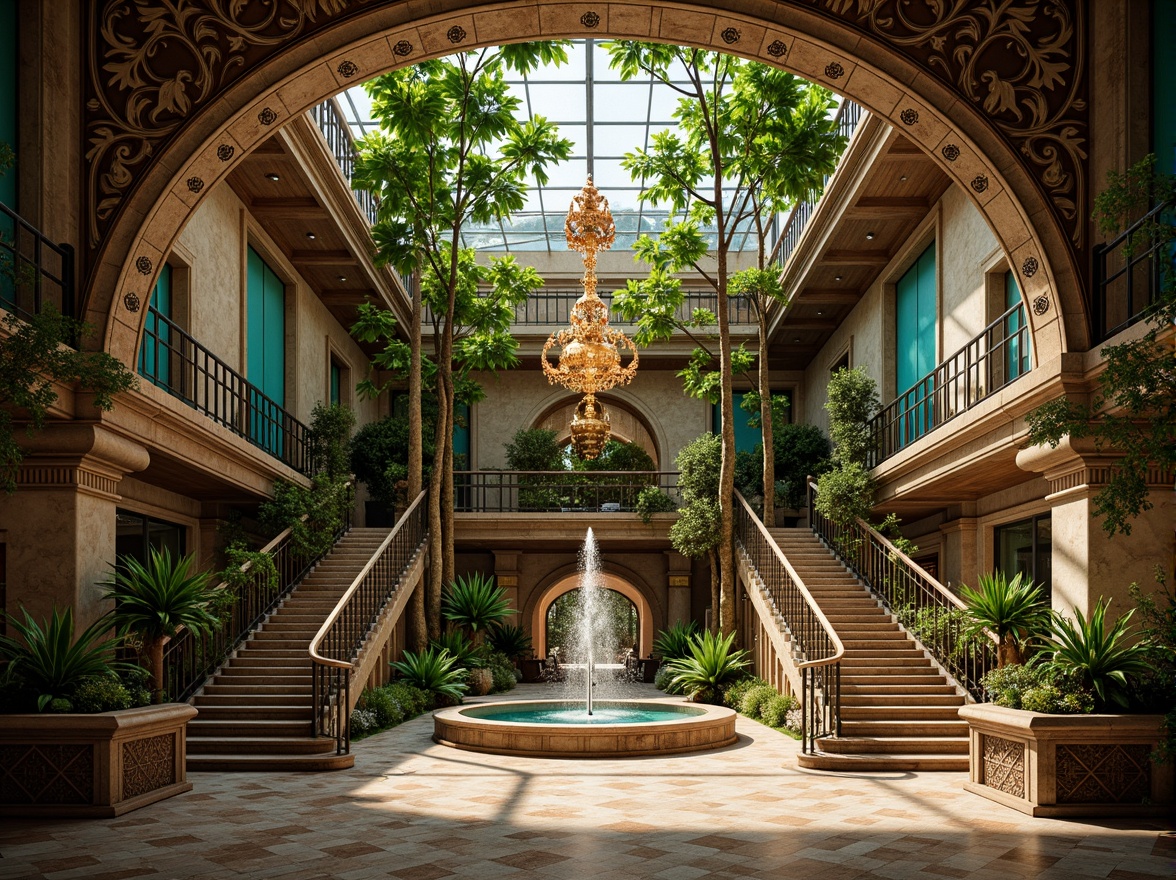 Prompt: Intricate botanical patterns, ornate metalwork, flowing organic lines, grand entrance halls, sweeping staircases, decorative iron railings, vibrant turquoise accents, polished marble floors, ornamental fountain displays, lush greenery, tropical plants, warm golden lighting, shallow depth of field, 1/1 composition, panoramic view, realistic textures, ambient occlusion, industrial machinery, steam pipes, Art Nouveau typography, elegant curves, stylized floral motifs, luxurious materials, sophisticated color palette.