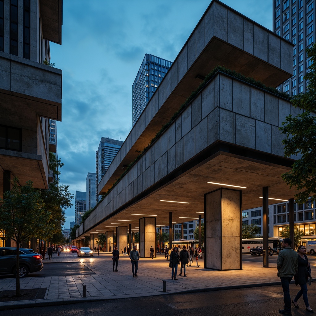 Prompt: Rugged bus station, brutalist architecture, raw concrete walls, fortress-like structure, industrial metal beams, angular lines, minimalist design, functional aesthetics, urban cityscape, busy streets, modern transportation hub, vibrant city lights, dramatic shadows, low-key color palette, gritty textures, 3/4 composition, cinematic lighting, realistic ambient occlusion.