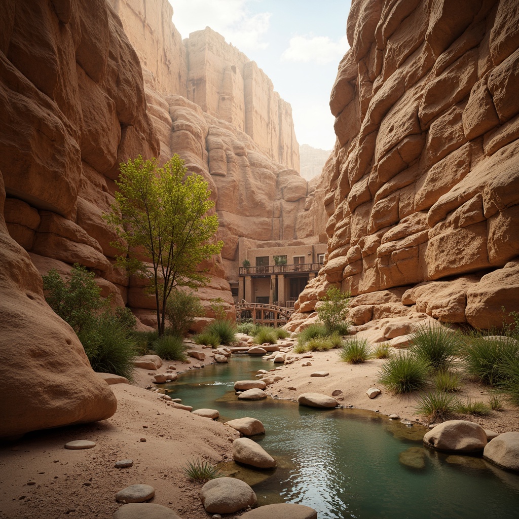 Prompt: Earthy canyon landscape, rugged rock formations, sandy beige terrain, turquoise water flows, majestic cliff sides, weathered wooden bridges, rustic stone pathways, natural desert flora, warm golden sunlight, soft atmospheric haze, shallow depth of field, 1/2 composition, cinematic view, realistic textures, ambient occlusion, warm color grading, earthy tone, natural material palette.