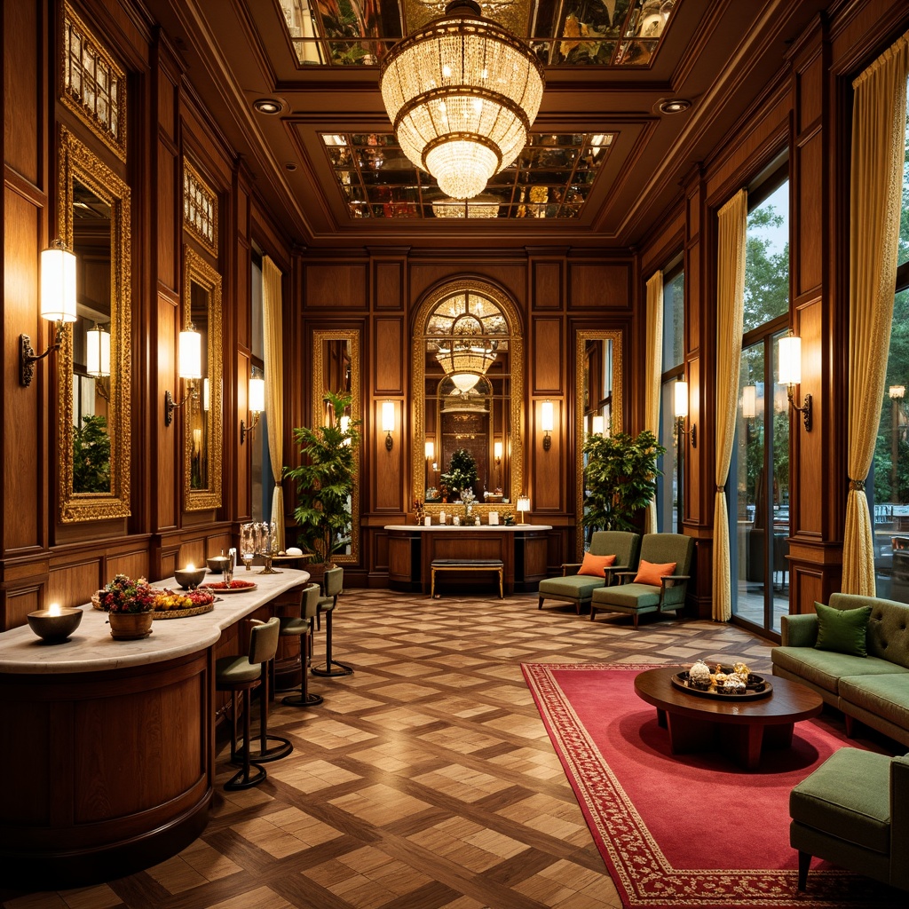 Prompt: Luxurious Art Deco interior, metallic accents, ornate mirrors, inlaid wood floors, geometric patterns, bold color schemes, lavish textiles, velvet fabrics, beaded chandeliers, sculpted metalwork, sunburst motifs, zigzag designs, circular shapes, curved lines, opulent furnishings, polished marble countertops, richly patterned rugs, dramatic lighting fixtures, warm golden tones, sophisticated ambiance, highly ornate details, metallic leafing, glamorous atmosphere.