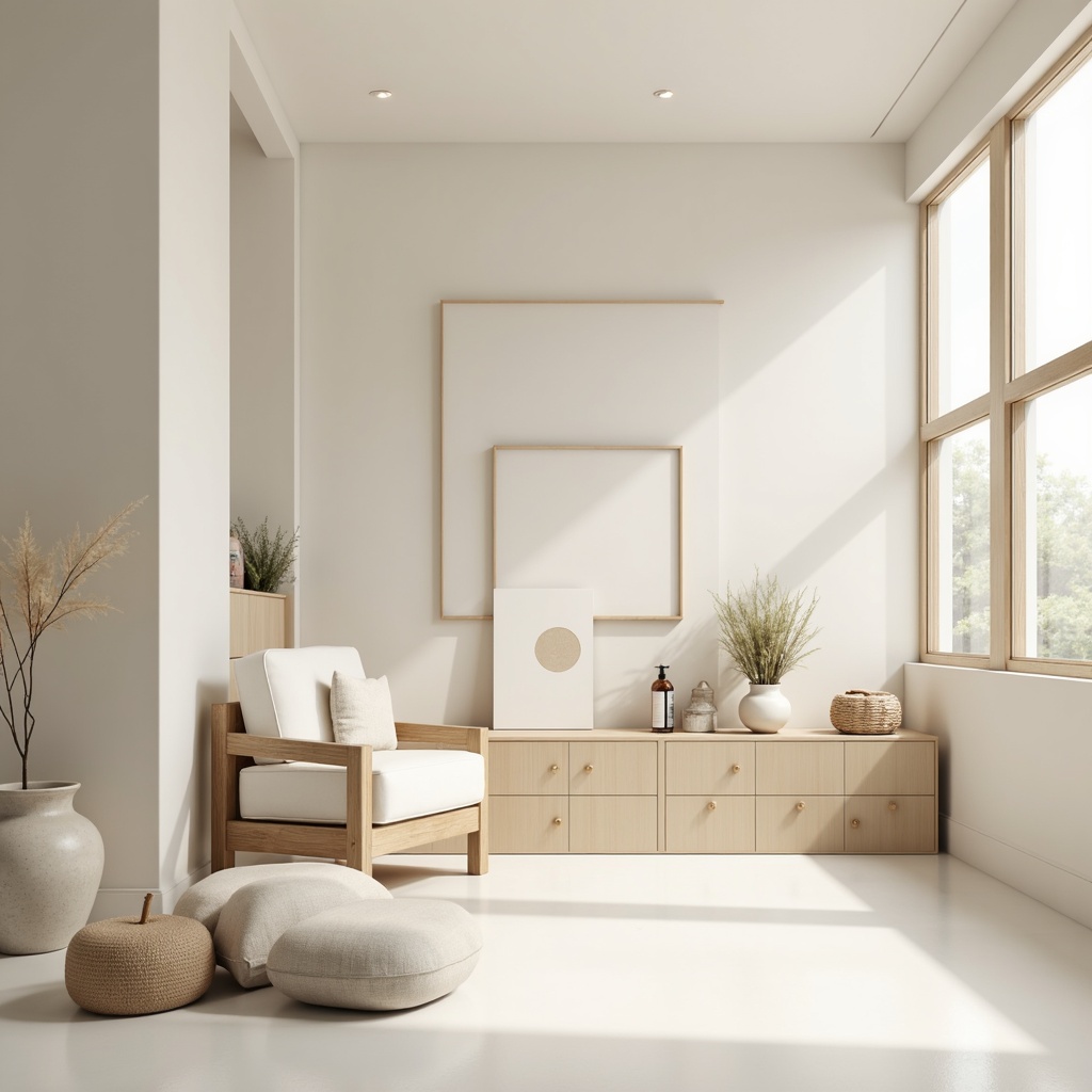 Prompt: Monochromatic color scheme, soft pastel hues, creamy whites, gentle grays, subtle beiges, minimalist aesthetic, clean lines, simple shapes, limited color palette, natural materials, wood accents, paper textures, earthy tones, serene atmosphere, warm ambient lighting, shallow depth of field, 1/1 composition, realistic renderings, atmospheric perspective.