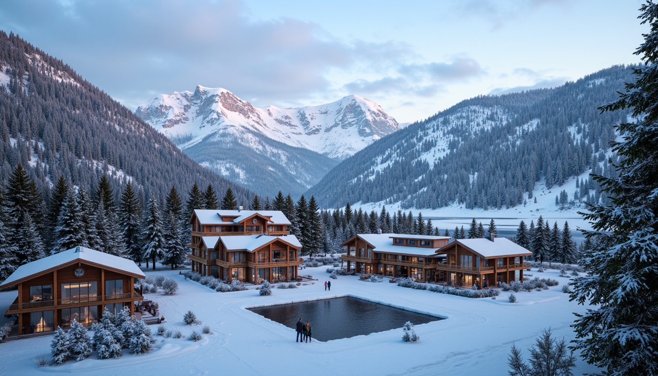 Prompt: Snow-capped mountains, frozen lakes, pine trees, ski lifts, mountainous terrain, rugged rocks, rustic wooden chalets, modern ski center architecture, large glass windows, sloping roofs, snow-covered rooftops, icy blue skies, soft warm lighting, shallow depth of field, 3/4 composition, panoramic view, realistic textures, ambient occlusion, natural stone walls, wooden accents, cozy fireplaces, comfortable seating areas, warm lighting fixtures, ski equipment storage, rental shops, cafes, restaurants, observation decks.