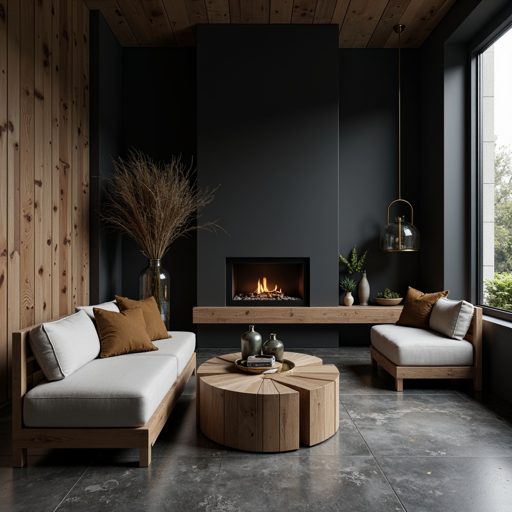 Prompt: Minimalist interior, monochromatic color scheme, natural materials, reclaimed wood furniture, industrial metal accents, smooth stone flooring, matte black surfaces, subtle texture variations, ambient soft lighting, shallow depth of field, 1/1 composition, cinematic view, realistic reflections, subtle grain textures.