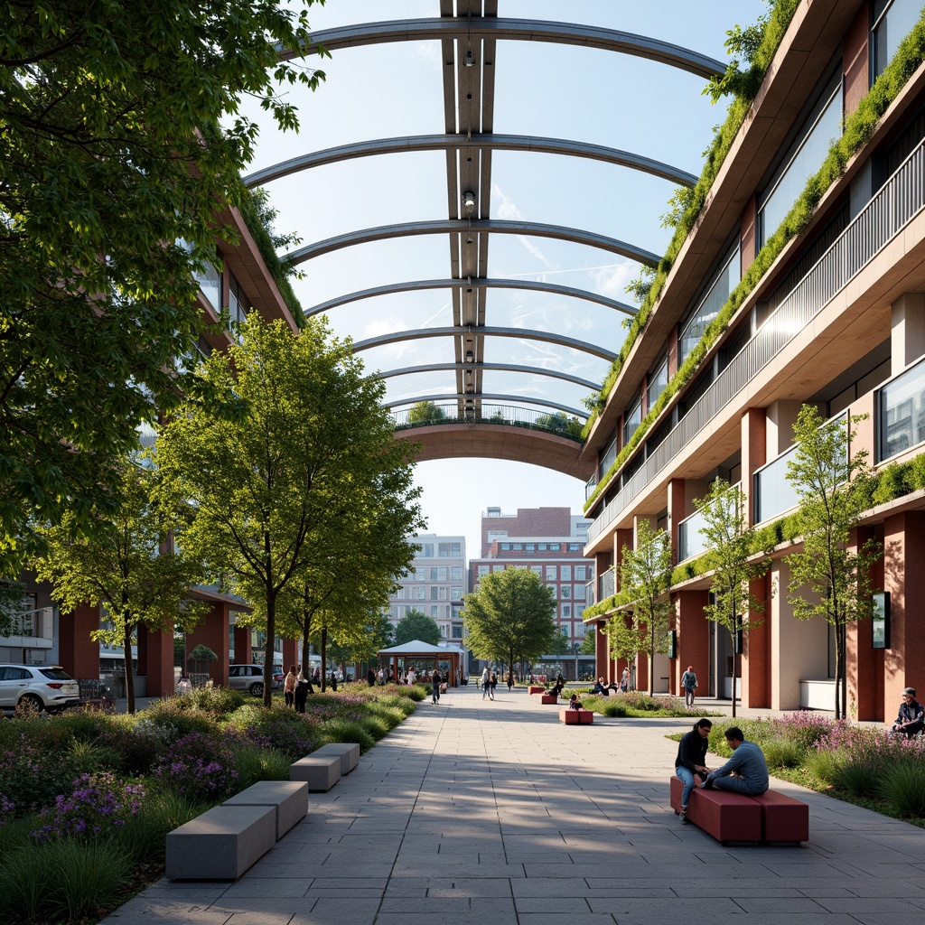 Prompt: Vibrant tram station, curved glass roofs, natural light infusion, green walls, living trees, eco-friendly materials, recycled steel beams, minimalist benches, energy-efficient lighting, solar panels, wind turbines, rainwater harvesting systems, green roofs, urban gardens, bustling cityscape, morning commuters, warm ambient lighting, shallow depth of field, 1/1 composition, realistic textures, ambient occlusion.