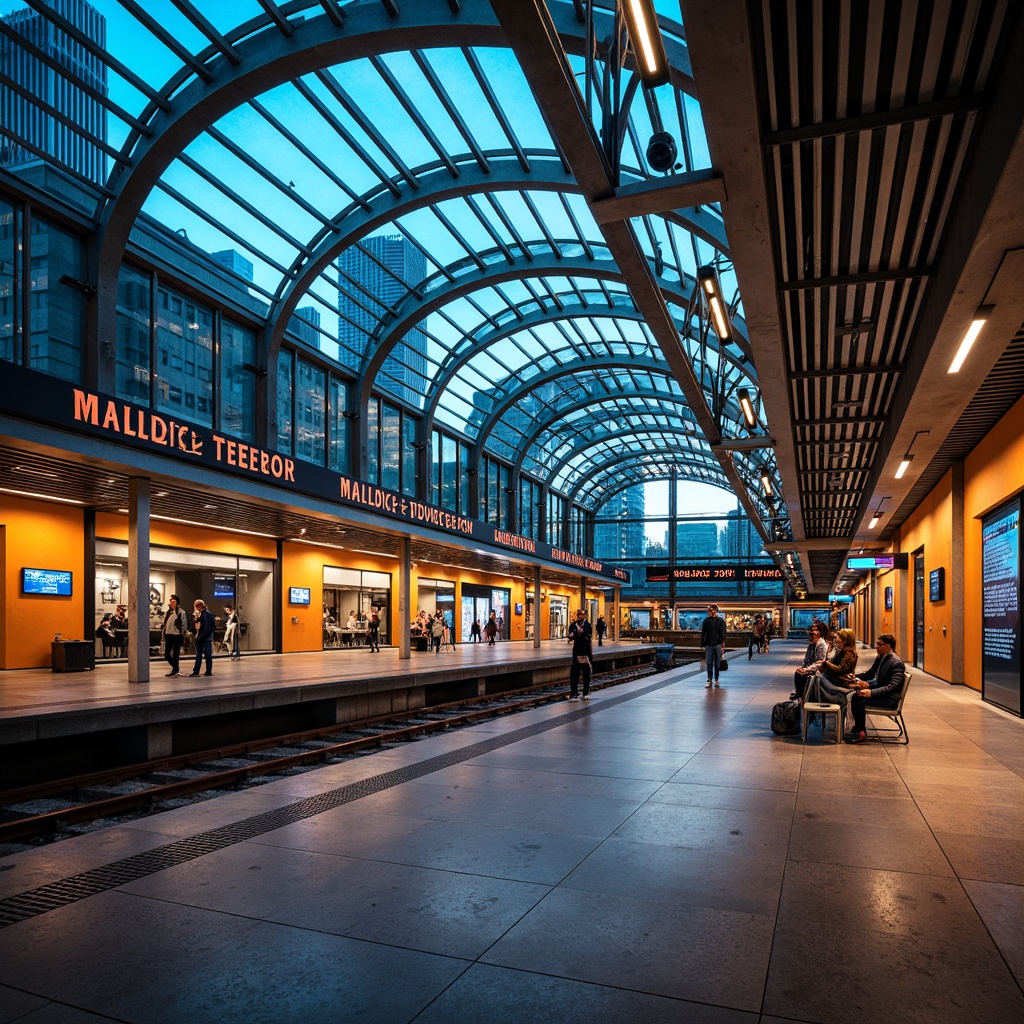 Prompt: Vibrant train station, modern architecture, sleek metal beams, glass roofs, urban cityscape, bustling atmosphere, dynamic lighting, bold typography, navigation signs, platform seating, industrial textures, concrete flooring, stainless steel accents, calming blue hues, energetic orange tones, neutral beige backgrounds, contrasting color blocks, harmonious gradient transitions, futuristic ambiance, high-contrast lighting, shallow depth of field, 1/2 composition, cinematic view.