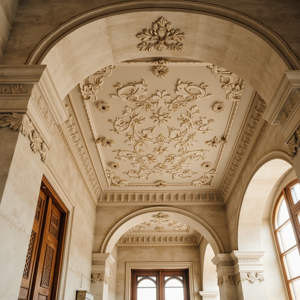 Prompt: Intricate ornate plaster ceiling, delicate floral patterns, soft creamy color palette, textured stucco walls, grandiose columns, ornamental cornices, decorative moldings, elegant archways, refined Victorian-era details, subtle rustic charm, warm golden lighting, shallow depth of field, 1/1 composition, realistic textures, ambient occlusion.