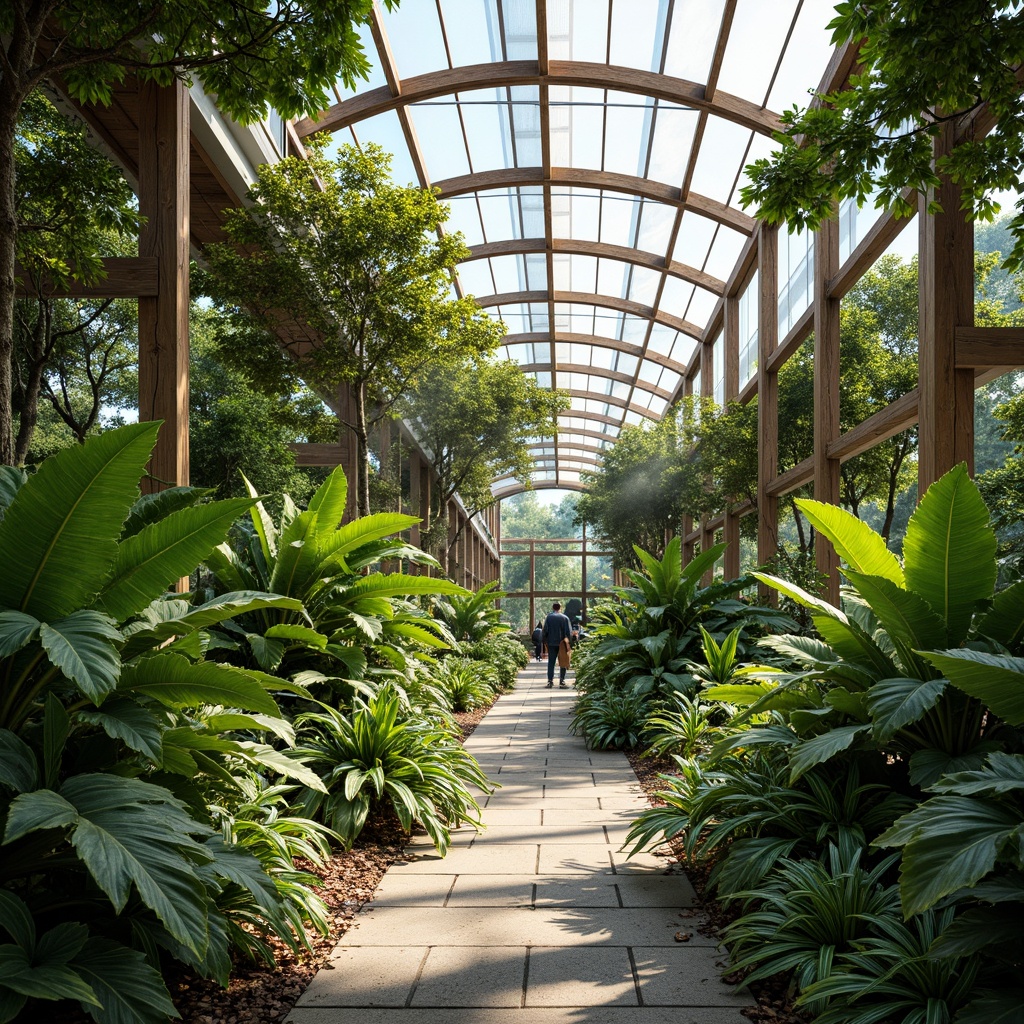 Prompt: Vibrant greenhouse interior, lush tropical plants, natural stone flooring, wooden trellis, curved glass roof, abundant natural light, warm humid climate, misting system, irrigation network, automated temperature control, futuristic architecture, minimalist design, eco-friendly materials, living walls, green roofs, vertical gardens, hydroponic systems, organic textures, soft diffused lighting, shallow depth of field, 3/4 composition, panoramic view.Let me know if this meets your requirements!