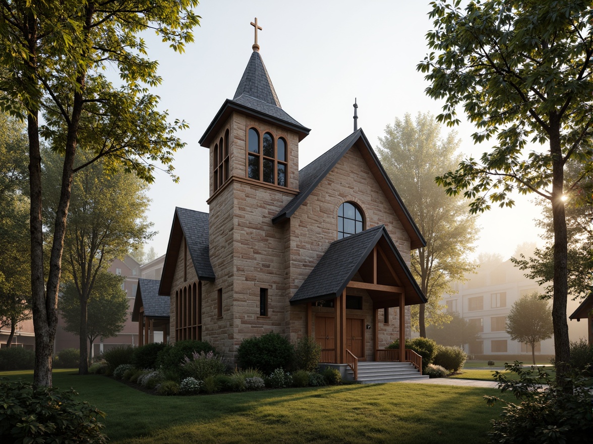 Prompt: Rustic suburban church, natural stone fa\u00e7ade, stained glass windows, wooden accents, elegant steeples, lush greenery surroundings, serene atmosphere, soft warm lighting, shallow depth of field, 3/4 composition, panoramic view, realistic textures, ambient occlusion, intricate architectural details, ornate metalwork, subtle color palette, earthy tones, peaceful ambiance, morning mist, gentle sunlight filtering through trees.