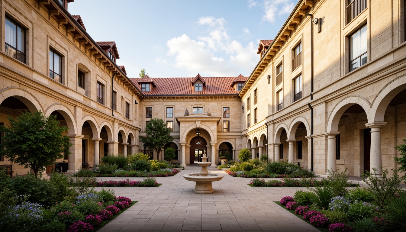 Prompt: Elegant university buildings, beige stone walls, rustic red brick facades, ornate cornices, classical columns, intricately carved details, lush green courtyards, vibrant flowerbeds, subtle cream accents, soft warm lighting, shallow depth of field, 3/4 composition, panoramic view, realistic textures, ambient occlusion.