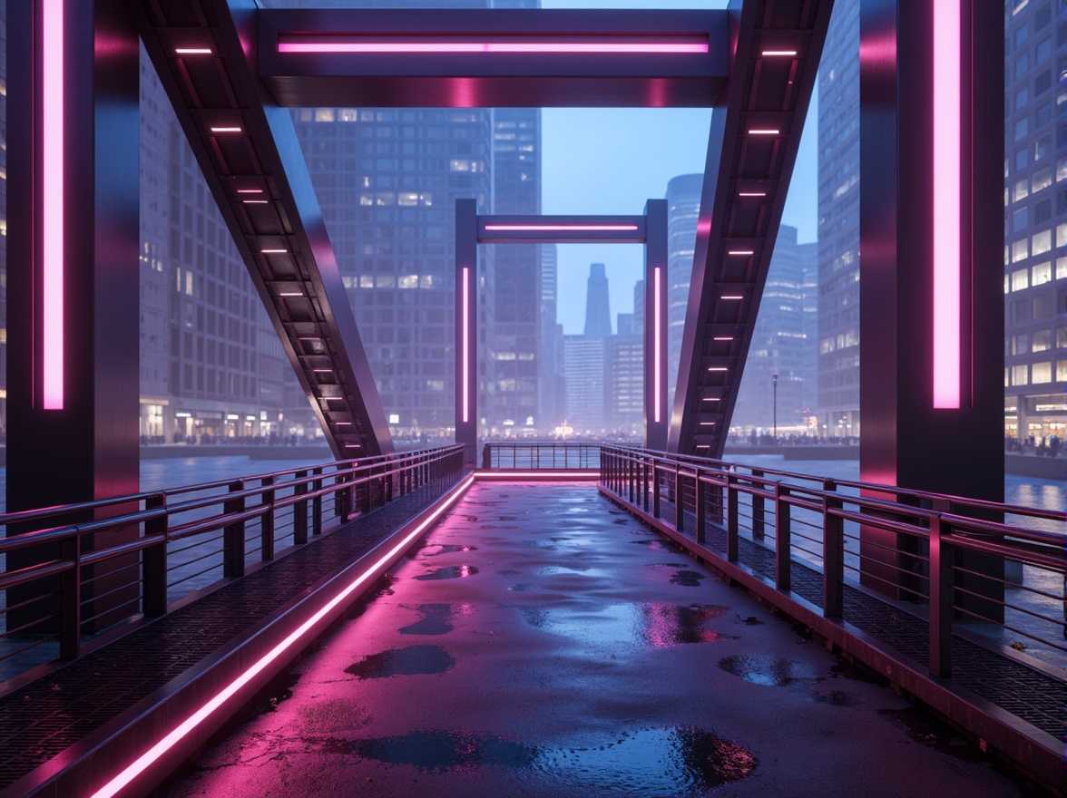 Prompt: Futuristic bridge architecture, neon-lit cityscape, sleek metal railings, gleaming stainless steel surfaces, bold geometric shapes, vibrant LED lighting, iridescent colors, holographic effects, misty atmosphere, soft focus, 1/2 composition, low-angle shot, dramatic shadows, high-contrast colors, metallic textures, reflective materials, cyberpunk ambiance, futuristic urban landscape.