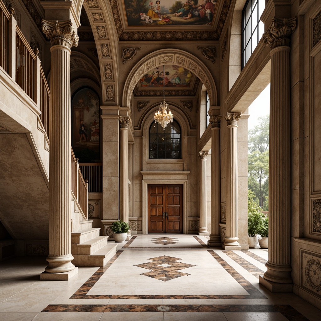 Prompt: Elegant stone columns, ornate carvings, rich marble floors, intricate moldings, lavish frescoes, grand staircases, symmetrical facades, Corinthian capitals, Tuscan pilasters, rustic stonework, weathered bronze details, ornamental ironworks, polished wooden doors, velvet drapes, crystal chandeliers, subtle warm lighting, shallow depth of field, 2/3 composition, realistic textures, ambient occlusion.