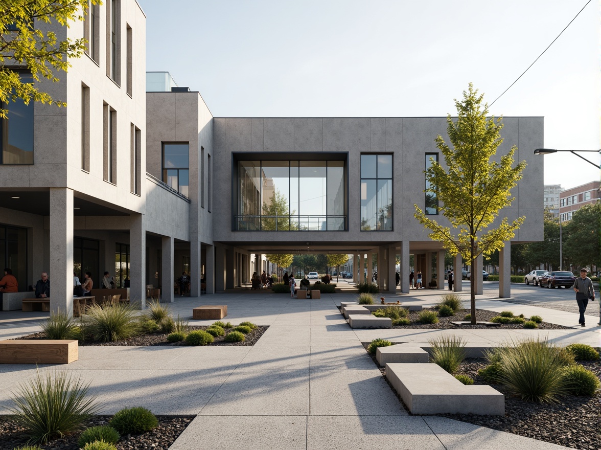 Prompt: Geometric courthouse building, brutalist architecture, clean lines, minimal ornamentation, functional design, industrial materials, concrete walls, steel beams, large glass windows, open courtyard, symmetrical layout, modernist landscape design, low-maintenance plants, succulents, gravel pathways, angular stone benches, minimalist water features, abstract sculptures, monochromatic color scheme, neutral tones, natural textures, urban surroundings, busy streets, pedestrian traffic, morning sunlight, high-contrast shadows, dramatic lighting effects, 1-point perspective composition, realistic rendering.