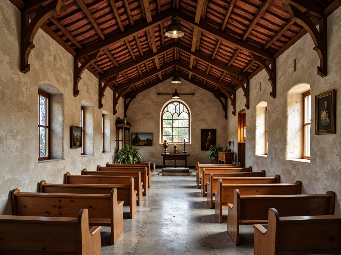 Prompt: Rustic church, traditional vernacular style, terracotta roof tiles, curved clay shingles, ornate stone carvings, Gothic arches, stained glass windows, wooden beam ceilings, vaulted interior, natural stone walls, earthy color palette, warm soft lighting, shallow depth of field, 1/2 composition, realistic textures, ambient occlusion.