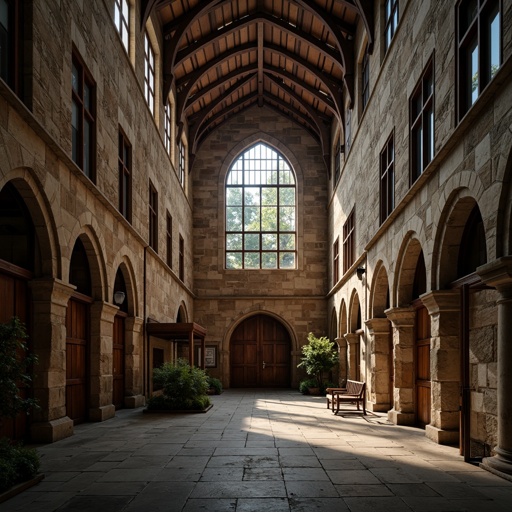 Prompt: Rustic university campus, historic Gothic Revival architecture, weathered stone walls, rough-hewn stone textures, intricate stone carvings, pointed arches, ribbed vaults, flying buttresses, grand entrance halls, ornate wooden doors, stained glass windows, mystical ambiance, warm soft lighting, dramatic shadows, high contrast ratio, cinematic composition, 1/2 format, realistic rendering, ambient occlusion.