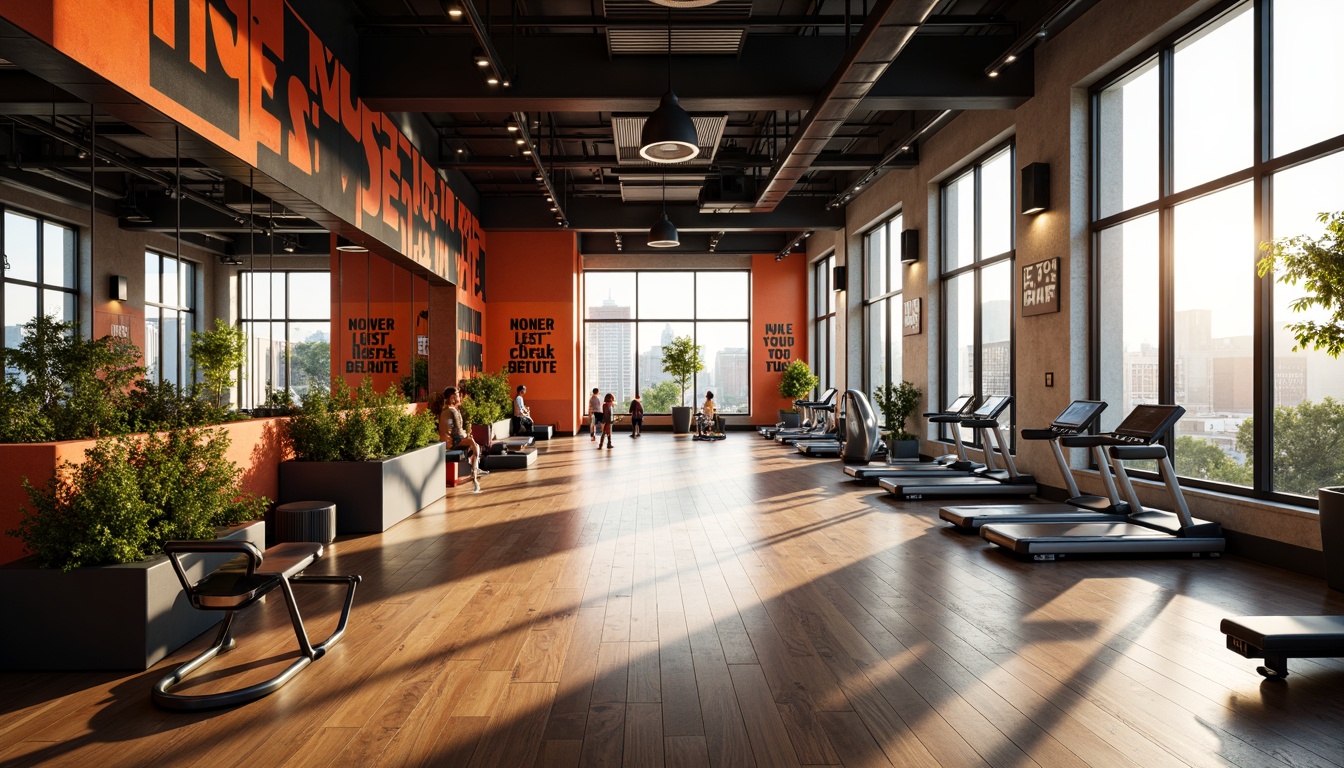 Prompt: Vibrant fitness club interior, large windows, abundant natural light, sleek modern equipment, mirrored walls, wooden flooring, motivational quotes, energetic color scheme, state-of-the-art sound system, open ceiling design, industrial-chic aesthetic, exposed ductwork, minimalist decor, functional layout, spacious exercise areas, floor-to-ceiling glass partitions, panoramic city views, warm afternoon sunlight, high-contrast lighting, 1/2 composition, atmospheric depth of field.