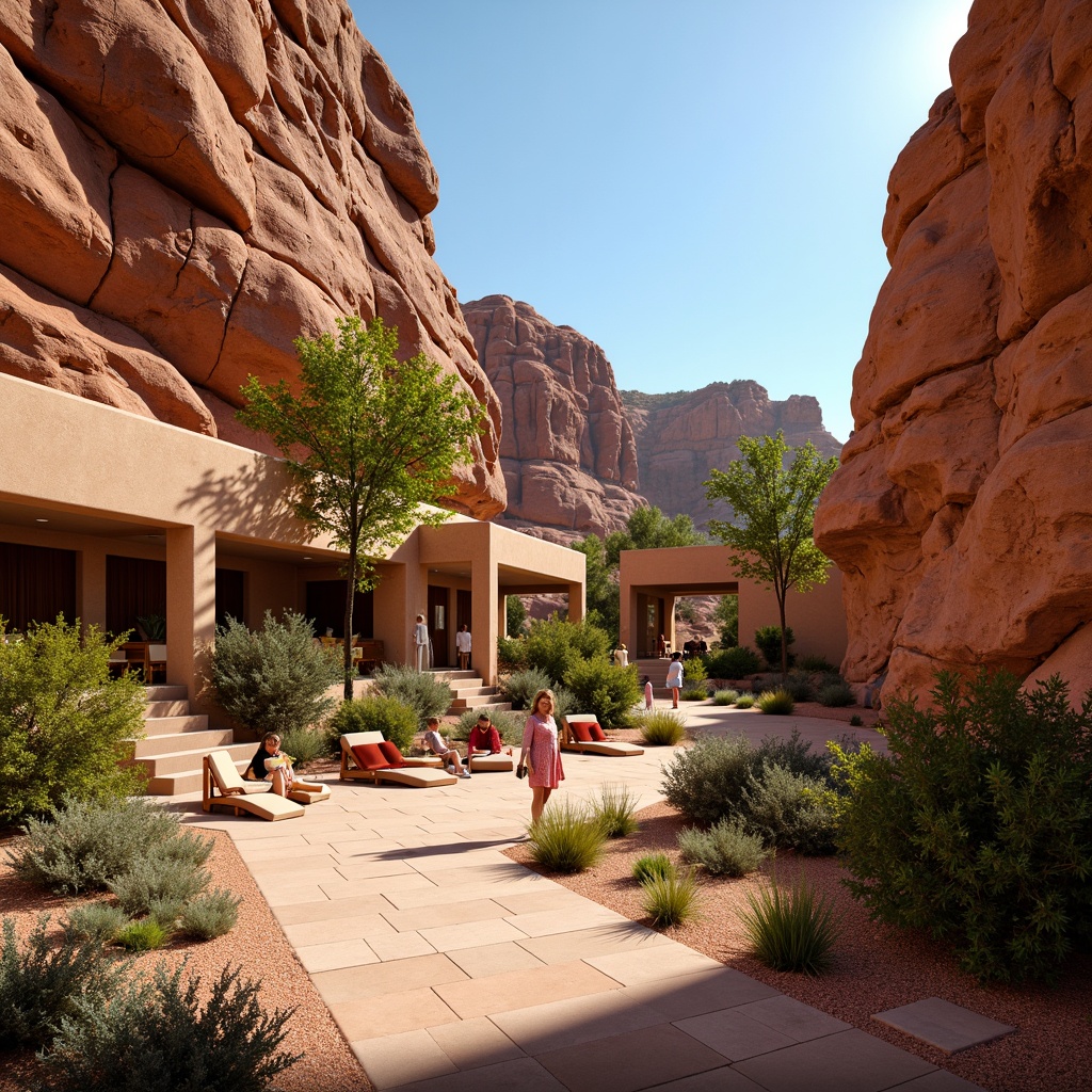 Prompt: Earthy canyon landscape, warm sandy beiges, rusty red rock formations, turquoise blue skies, lush green vegetation, weathered wooden accents, natural stone pathways, modern southwestern architecture, clean lines, minimalist decor, vibrant Native American-inspired textiles, bold geometric patterns, soft warm lighting, high contrast, dramatic shadows, realistic rock textures, ambient occlusion.