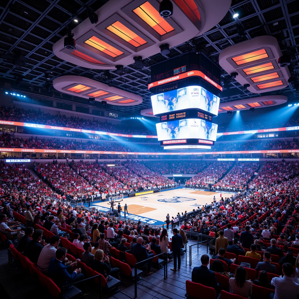 Prompt: Vibrant stadium atmosphere, dynamic sports arena, bold color scheme, energetic crowd, electric lighting, sleek modern architecture, angular lines, geometric patterns, contrasting team colors, bright accents, lively ambiance, action-packed scenes, panoramic views, shallow depth of field, 1/1 composition, realistic textures, ambient occlusion.