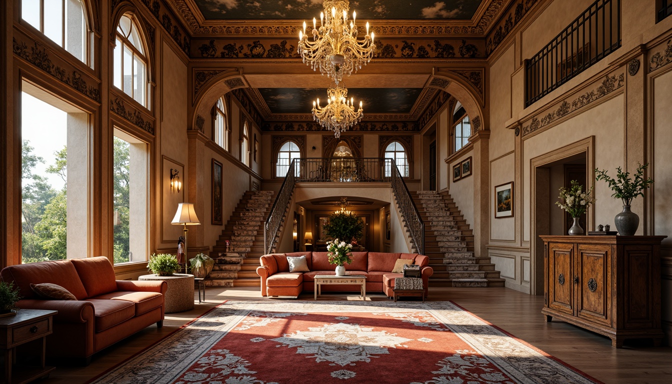 Prompt: Intricate carvings, ornate furnishings, lavish decorations, grand chandeliers, opulent fabrics, richly patterned rugs, gilded accents, luxurious marble surfaces, dramatic archways, sweeping staircases, majestic columns, elegant moldings, sophisticated color palette, warm golden lighting, shallow depth of field, 1/1 composition, realistic textures, ambient occlusion.