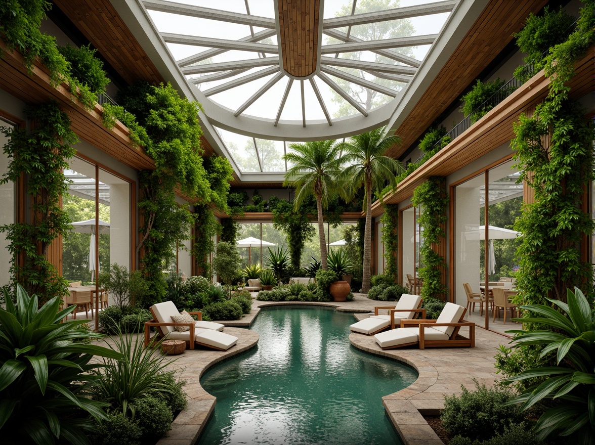 Prompt: Vibrant tropical plants, lush green walls, natural wood accents, reclaimed wooden beams, organic shapes, earthy tones, misting systems, warm soft lighting, shallow depth of field, 1/1 composition, intimate atmosphere, tranquil ambiance, curved lines, living roofs, solar panels, rainwater harvesting systems, passive ventilation strategies, clerestory windows, glass facades, minimalist decor, natural stone flooring, water features, serene soundscapes.