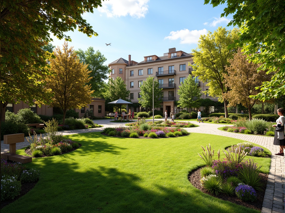 Prompt: Lush green lawn, vibrant flowerbeds, natural stone pathways, wooden benches, elegant gazebos, sparkling water features, ornate metal gates, colorful blooming trees, warm sunny day, soft gentle lighting, shallow depth of field, 3/4 composition, panoramic view, realistic textures, ambient occlusion.