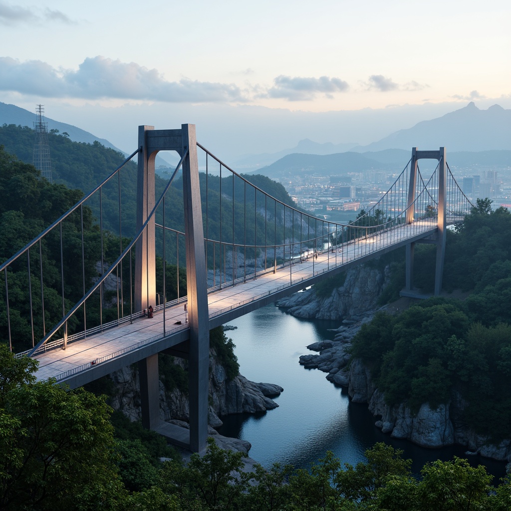 Prompt: Futuristic suspension bridge, sleek metal arches, LED lighting strips, urban cityscape, misty morning atmosphere, lush green forest, meandering river, rocky cliffs, rugged terrain, modernist architecture, angular pillars, minimalist railings, metallic textures, reflective surfaces, innovative engineering solutions, eco-friendly materials, sustainable infrastructure development, dramatic evening lighting, shallow depth of field, 2/3 composition, cinematic view, realistic reflections.