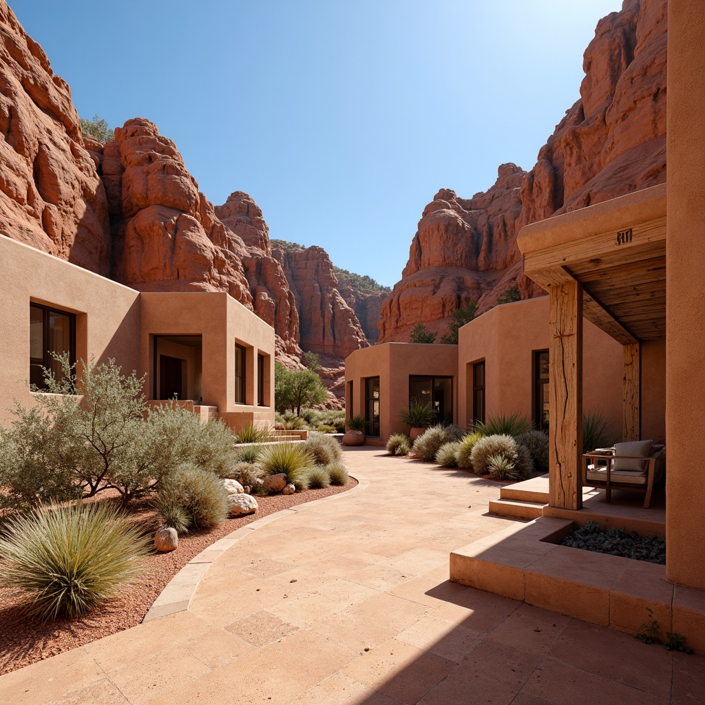 Prompt: Rugged canyon landscape, rusty red rock formations, weathered stone walls, natural earthy tones, textured concrete buildings, rough-hewn wooden accents, distressed metal details, sandy dunes, cacti plants, warm sunny day, clear blue sky, vast open space, modern southwestern architecture, angular lines, minimalist design, earthy color palette, natural material integration, organic shapes, intricate stonework patterns, ambient occlusion, shallow depth of field, 3/4 composition, panoramic view.