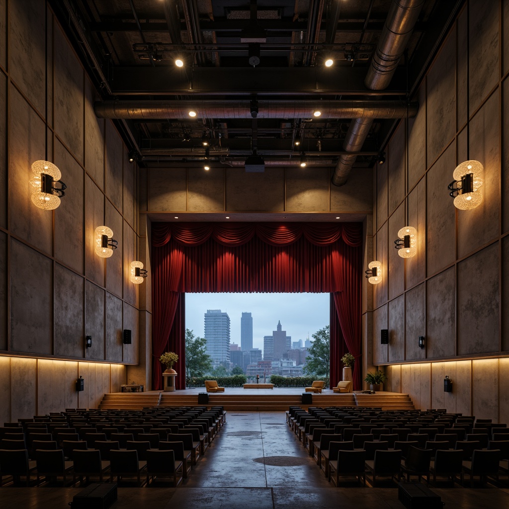 Prompt: Raw concrete walls, brutalist architecture, dramatic overhead lighting, industrial metal beams, exposed ductwork, minimalist decor, sparse seating, grand stage, red velvet curtains, ornate chandeliers, rich wood accents, bold typography, urban cityscape, foggy night atmosphere, high-contrast shadows, cinematic composition, symmetrical framing, gritty textures, ambient occlusion.