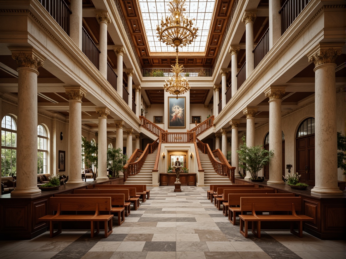 Prompt: Grandiose courthouse interior, high ceilings, marble flooring, elegant chandeliers, wooden benches, ornate columns, majestic staircases, spacious atriums, natural stone walls, intricate moldings, regal color schemes, formal furnishings, dignified atmosphere, warm soft lighting, shallow depth of field, 2/3 composition, symmetrical framing, realistic textures, ambient occlusion.