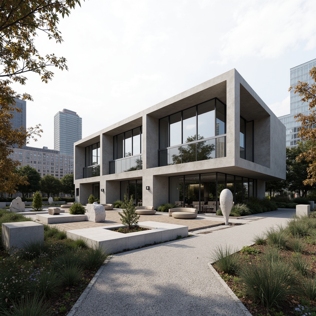 Prompt: Modernist courthouse building, minimalist architectural design, clean lines, rectangular shapes, flat roofs, large windows, industrial materials, brutalist concrete walls, geometric landscaping patterns, symmetrical plant arrangements, abstract sculptures, modern outdoor furniture, functional water features, drought-resistant plants, gravel pathways, stark lighting, high-contrast shadows, urban cityscape background, 1/1 composition, dramatic low-angle shot, realistic textures, subtle ambient occlusion.