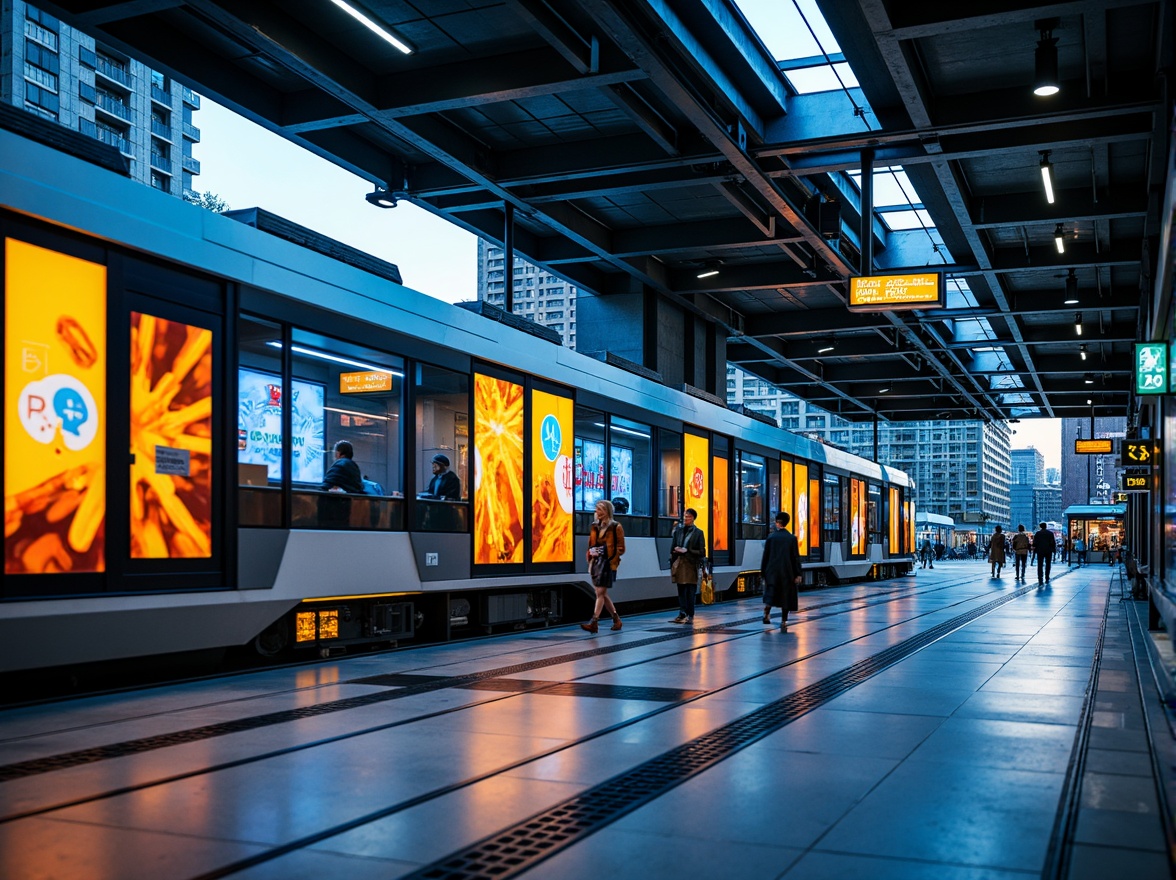 Prompt: Vibrant tram station, modern industrial design, exposed steel beams, polished concrete floors, sleek glass partitions, neon signage, dynamic LED lighting, urban cityscape, rush hour atmosphere, busy pedestrian traffic, metropolitan vibe, bold color scheme, deep blues, bright yellows, fiery oranges, metallic silvers, glossy finishes, high-contrast accents, abstract geometric patterns, futuristic ambiance, dramatic spotlights, shallow depth of field, 2/3 composition, realistic textures, ambient occlusion.