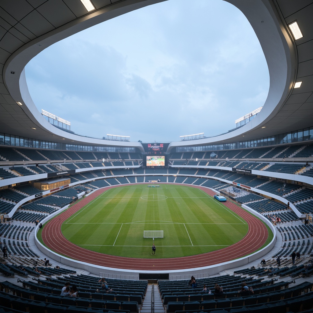 Prompt: Undulating curvaceous stadium, flowing white lines, metallic silver accents, transparent glass fa\u00e7ade, irregular shapes, futuristic architecture, vibrant green turf, athletic track, sleek scoreboard, undulating seating areas, atmospheric lighting, misty evening atmosphere, shallow depth of field, 1/1 composition, panoramic view, realistic reflections, ambient occlusion.