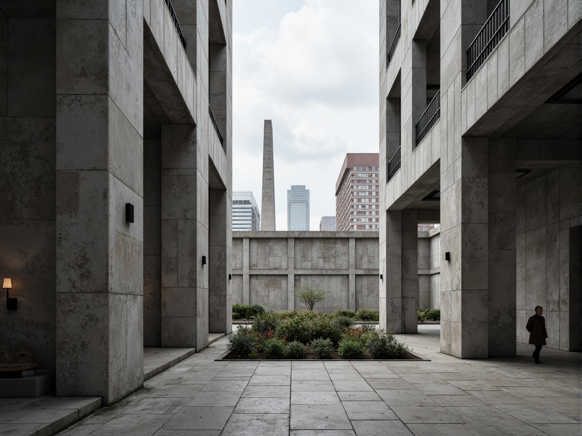 Prompt: Rugged brutalist architecture, exposed concrete walls, raw industrial textures, bold structural elements, dramatic natural light, harsh shadows, minimalist interior design, cold monochromatic color scheme, urban cityscape background, overcast sky, strong geometric forms, fortress-like fortifications, monumental scale, aggressive lines, austere simplicity, functional minimalism, brutal honesty, rough-hewn stone accents, steel beam supports, poured concrete floors, industrial-style lighting fixtures, sparse greenery.