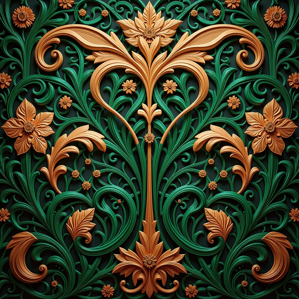 Prompt: Intricate Art Nouveau patterns, flowing curves, organic forms, luxurious materials, rich jewel tones, emerald green accents, sapphire blue highlights, amber warm lighting, ornate metalwork, delicate florals, whiplash motifs, sinuous lines, elegant typography, sophisticated color palette, high-contrast shading, dramatic chiaroscuro, 1/1 composition, symmetrical balance, ornate details, realistic textures, ambient occlusion.