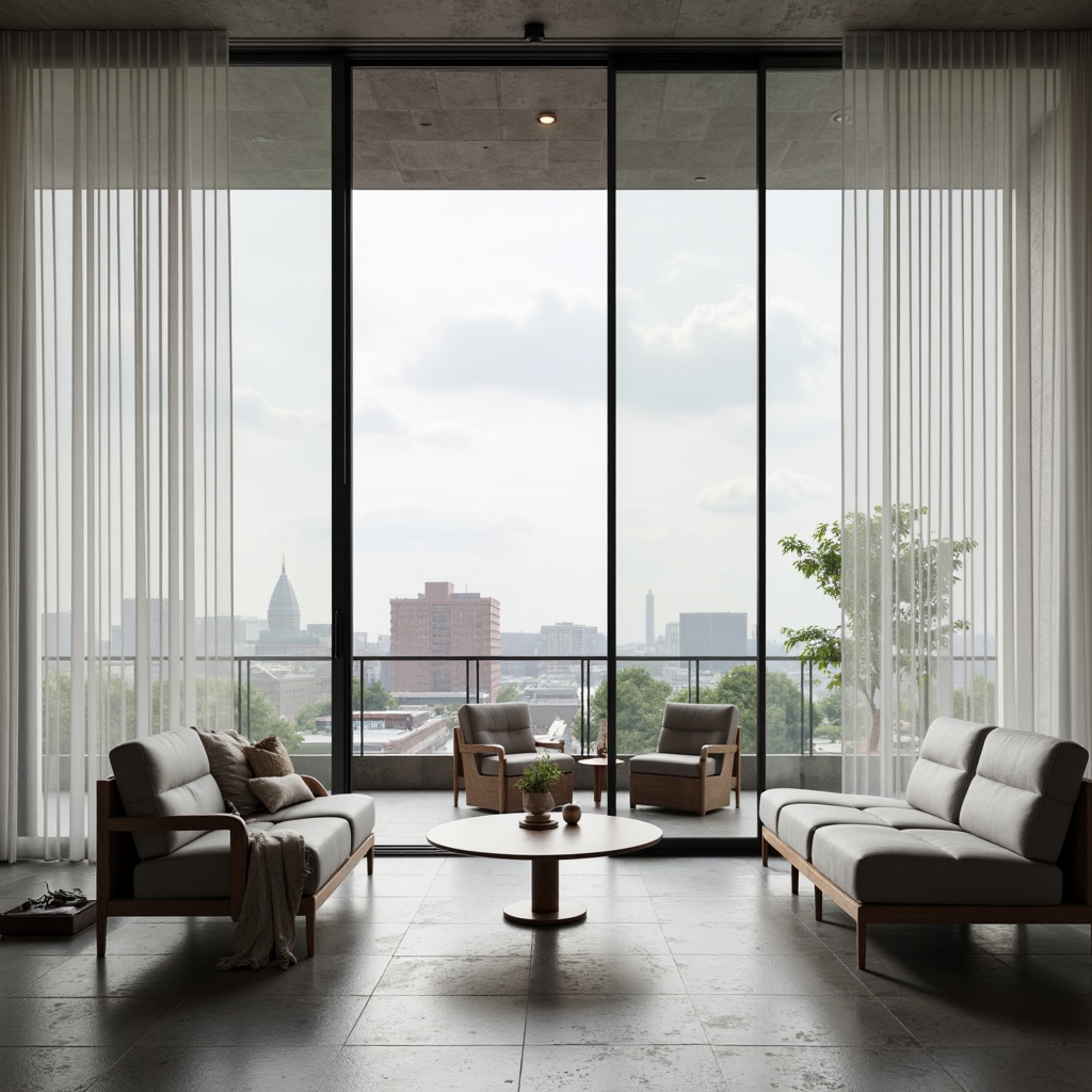 Prompt: Minimalist living room, large windows, sliding glass doors, bright natural lighting, sheer white curtains, polished concrete floor, low-profile furniture, sleek lines, monochromatic color scheme, industrial chic decor, urban landscape view, cloudy sky, soft diffused light, 1/1 composition, cinematic framing, realistic textures, subtle ambient occlusion.