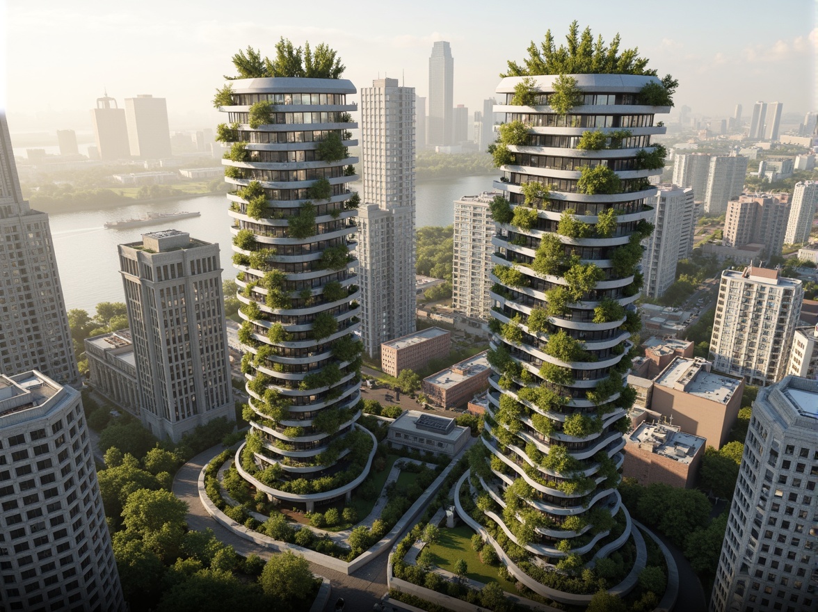 Prompt: Ethereal skyscraper, undulating curves, biomimicry design, transparent glass facades, verdant green roofs, lush vertical gardens, natural ventilation systems, wind-powered generators, solar panels, energy-efficient LED lighting, soft ambient glow, misty atmospheric effects, 3/4 composition, shallow depth of field, warm sunny day, panoramic cityscape view, intricate steel frameworks, organic shapes, futuristic urban landscape.