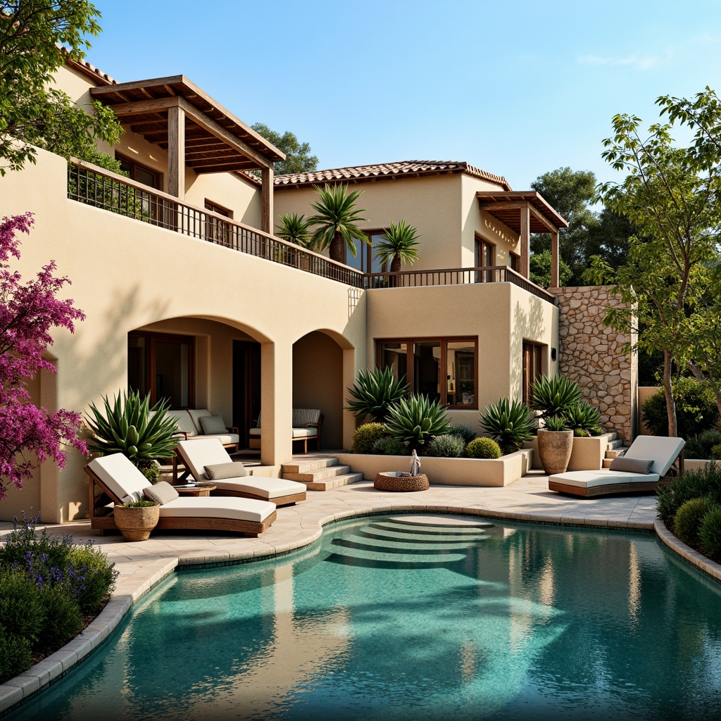 Prompt: Vibrant Mediterranean villa, warm beige stucco exterior, turquoise accents, lush greenery, blooming bougainvillea, terra cotta rooftops, ornate stone carvings, rustic wooden doors, elegant archways, serene outdoor spaces, sparkling infinity pool, tranquil water features, soft warm lighting, shallow depth of field, 3/4 composition, panoramic view, realistic textures, ambient occlusion.