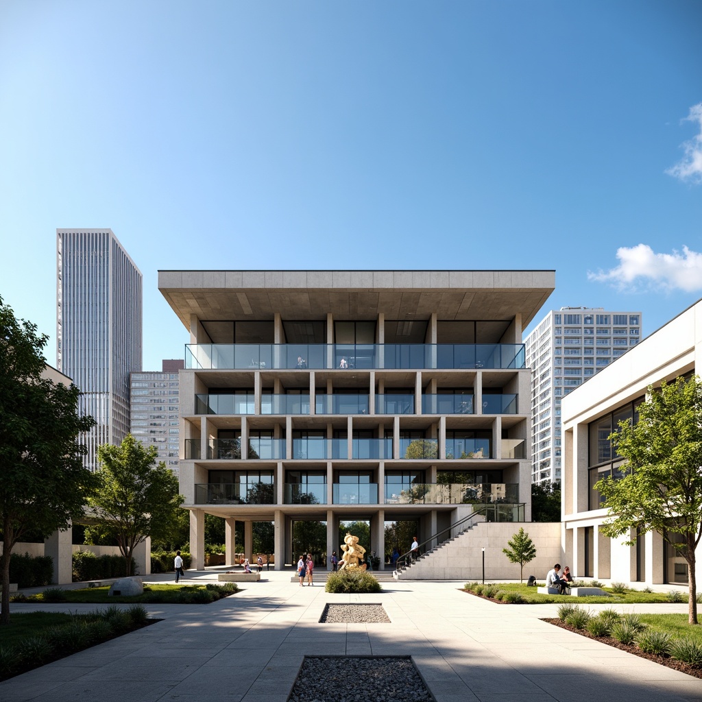 Prompt: Modernist courthouse, asymmetrical fa\u00e7ade, flat roofs, industrial materials, steel beams, concrete walls, minimalist landscaping, geometric planters, succulent gardens, gravel pathways, symmetrical walkways, monumental staircases, abstract sculptures, bold color accents, functional outdoor spaces, urban cityscape, clear blue sky, strong directional lighting, high contrast shadows, 3/4 composition, realistic textures, ambient occlusion.