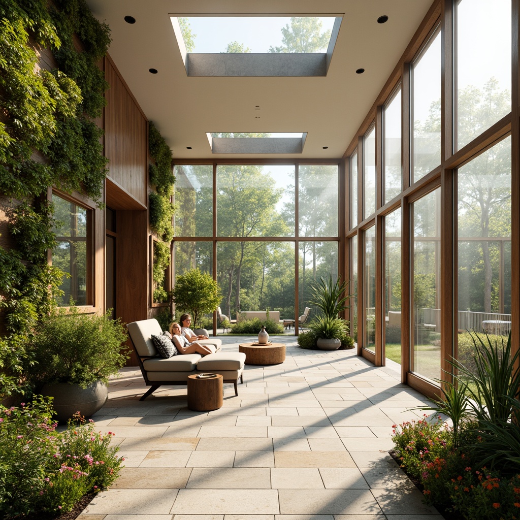 Prompt: Bright airy interior, floor-to-ceiling windows, sliding glass doors, natural stone flooring, wooden accents, lush greenery, vibrant flowers, living walls, skylights, clerestory windows, soft warm lighting, shallow depth of field, 1/1 composition, realistic textures, ambient occlusion, modern minimalist design, eco-friendly materials, innovative insulation technologies, comfortable seating areas, cozy reading nooks.