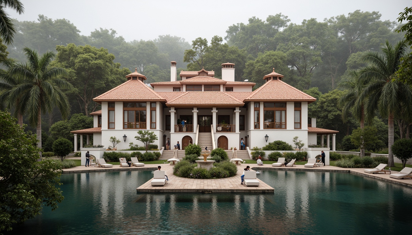 Prompt: Elegant boathouse, serene lake surroundings, lush greenery, wooden docks, traditional Neoclassical architecture, pitched roofs, terra cotta tiles, ornate chimneys, white stucco walls, grand entranceways, classic columns, symmetrical facade, rustic wood accents, nautical decorations, antique bronze hardware, soft warm lighting, misty morning atmosphere, shallow depth of field, 2/3 composition, realistic textures, ambient occlusion.