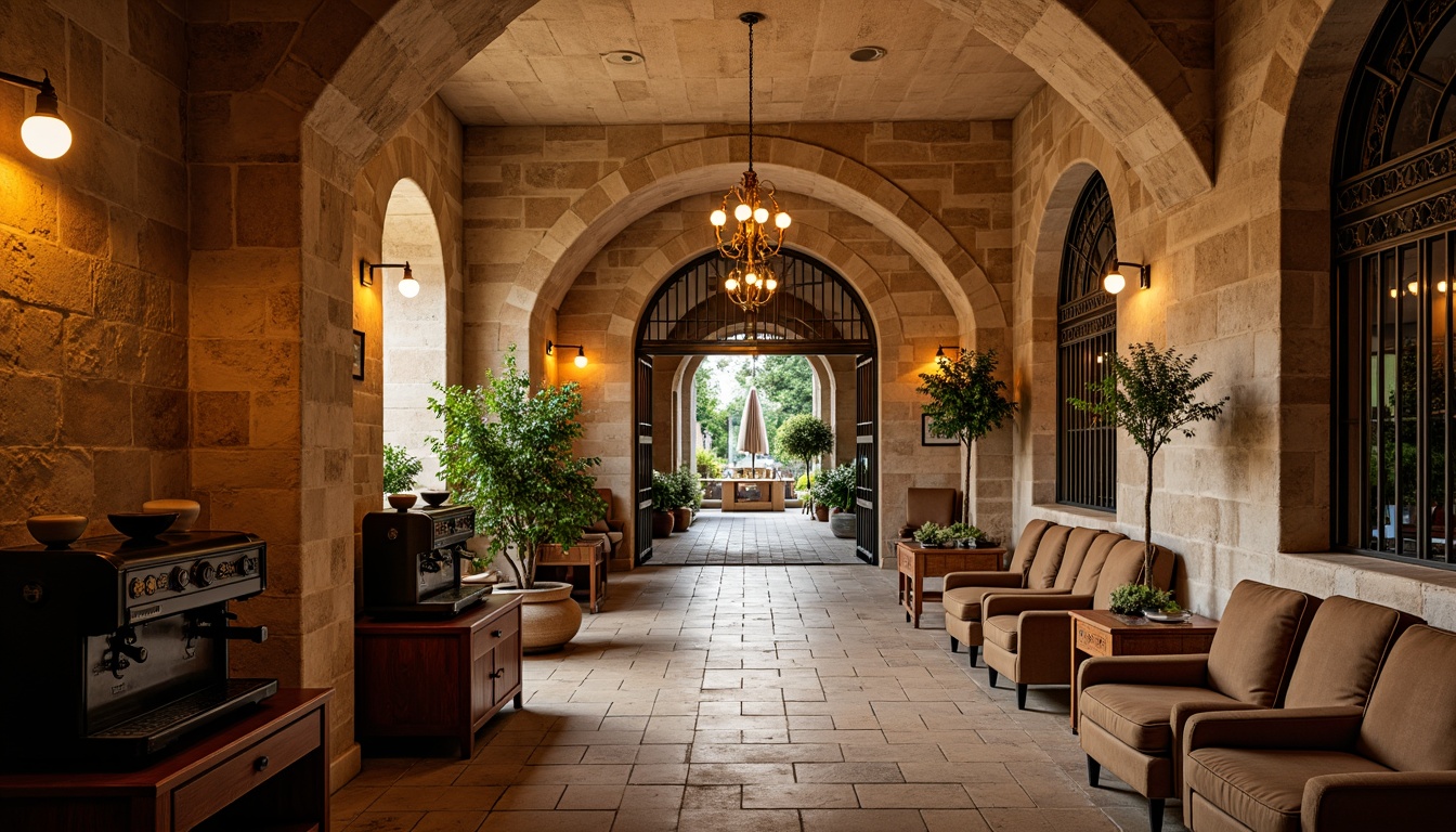 Prompt: Arched walkway, rustic stone walls, warm beige colors, ornate metal gates, vintage coffee machines, wooden tables, comfortable sofas, soft cushions, dimmed warm lighting, shallow depth of field, 1/2 composition, intimate atmosphere, rich textures, ambient occlusion, Romanesque columns, grand archways, high ceilings, elegant chandeliers, cozy nooks, plush carpets, natural materials, earthy tones.