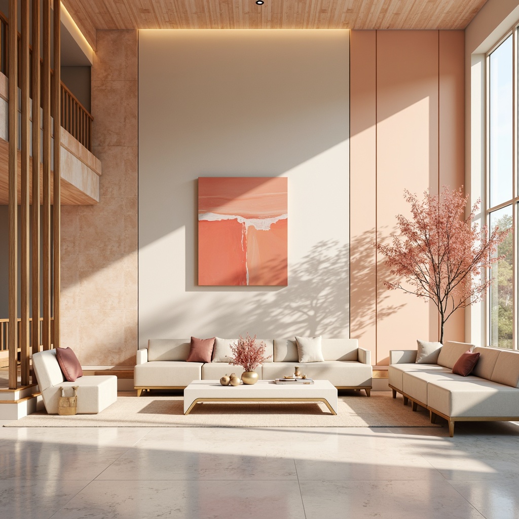 Prompt: Vibrant modern interior, pastel color scheme, soft peach tones, creamy whites, rich wood accents, metallic gold details, elegant marble textures, sleek minimalist furniture, abundant natural light, airy open space, shallow depth of field, 1/1 composition, warm softbox lighting, realistic reflections.