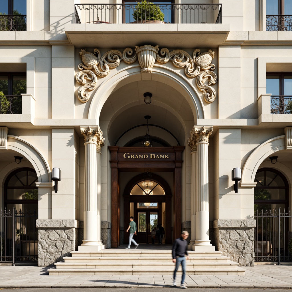 Prompt: Grand bank entrance, Corinthian columns, ornate carvings, rusticated stone base, arched windows, decorative balconies, classical pediments, symmetrical facade, cream-colored limestone, polished granite floors, intricate moldings, gilded details, subtle color contrast, soft natural lighting, shallow depth of field, 1/1 composition, realistic textures, ambient occlusion.