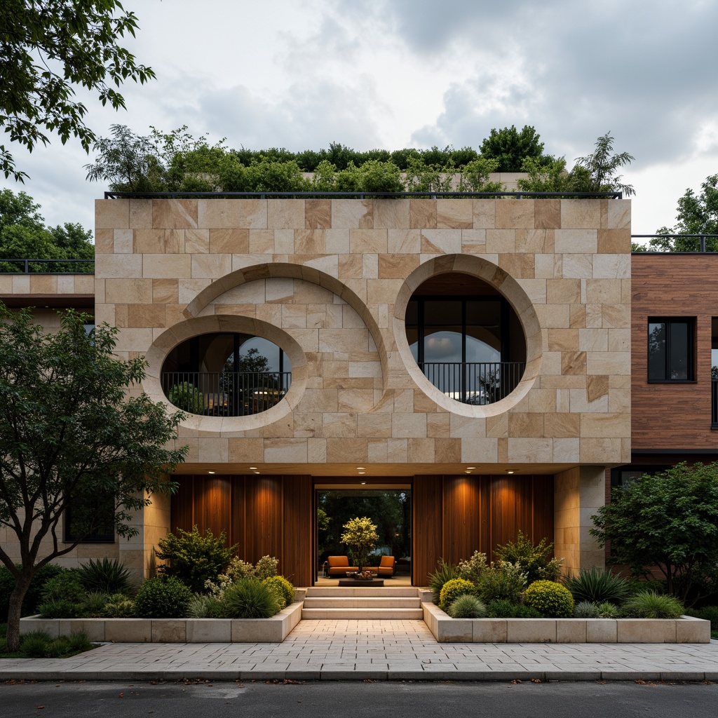 Prompt: Earth-toned architectural facade, natural Lavacrete stone cladding, rustic textures, organic forms, brutalist inspiration, industrial chic aesthetic, exposed ductwork, polished concrete floors, reclaimed wood accents, green roofs, living walls, urban jungle atmosphere, moody cloudy day, dramatic spotlighting, high-contrast lighting, 1/1 composition, abstract geometric patterns, intricate stonework details.