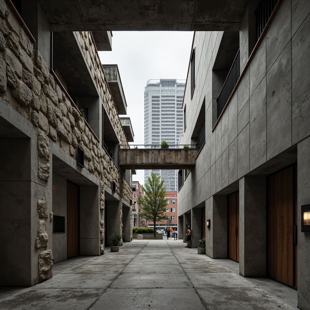 Prompt: Rough concrete walls, rugged stone facades, raw industrial materials, exposed ductwork, distressed wood accents, metal beams, poured concrete floors, brutalist structural elements, urban cityscape, overcast skies, dramatic shadows, high contrast lighting, 1/1 composition, symmetrical framing, gritty realistic textures, ambient occlusion.