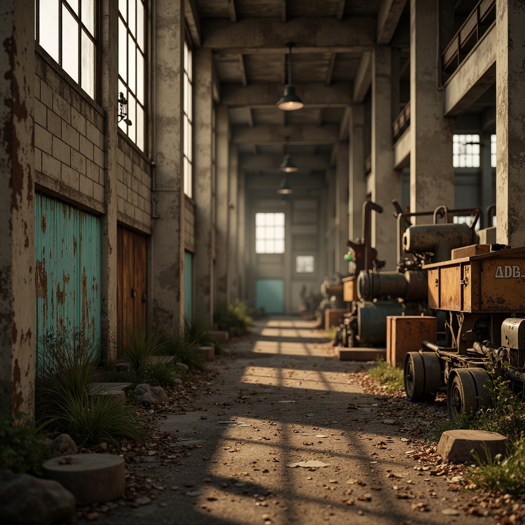 Prompt: Weathered metal surfaces, rusty textures, distressed finishes, industrial landscapes, abandoned factories, urban decay, worn concrete walls, peeling paint, faded signage, corroded machinery, vintage aesthetics, nostalgic atmosphere, warm golden lighting, shallow depth of field, 3/4 composition, cinematic framing, realistic wear and tear, ambient occlusion.