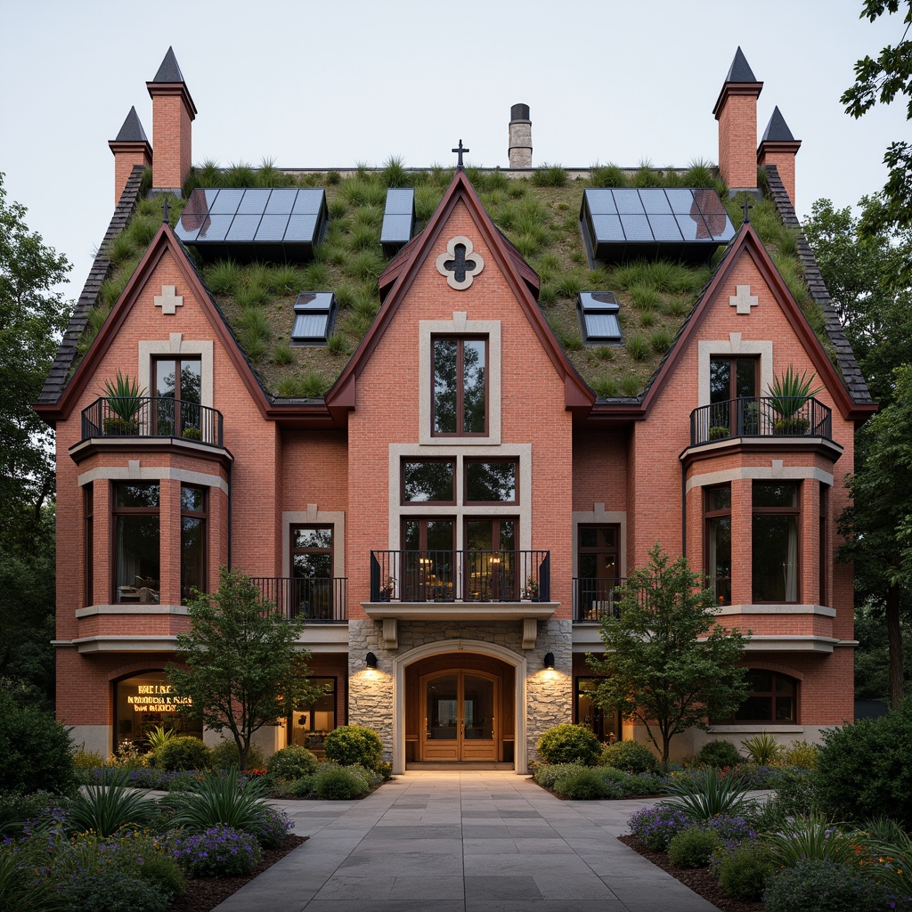 Prompt: Rustic high school building, asymmetrical rooflines, dormer windows, red brick fa\u00e7ade, ornate chimneys, intricate stonework, verdant green roofs, solar panels, modern skylights, clerestory windows, industrial metal trusses, exposed ductwork, concrete flooring, earthy color palette, natural lighting, soft warm ambiance, shallow depth of field, 2/3 composition, realistic textures, ambient occlusion.