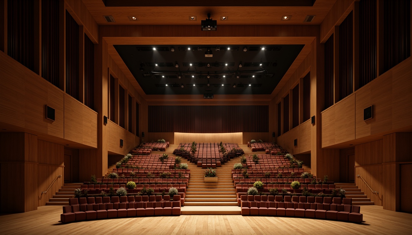 Prompt: Elegant auditorium interior, curved seating arrangement, tiered platforms, wooden flooring, acoustic panels, sound-absorbing materials, minimalist lighting design, subtle color scheme, intimate performance space, raised stage, dramatic spotlights, 3/4 composition, shallow depth of field, soft warm lighting, realistic textures, ambient occlusion.